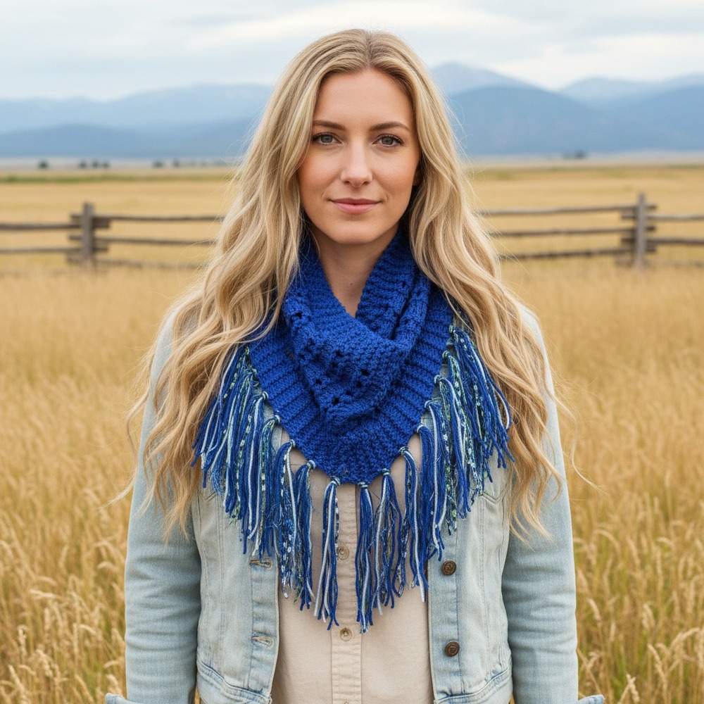 NEW‎ Hand Knitted Blue Boho Cowl Scarf Fringe Coastal Cottage Artsy Indie Chic